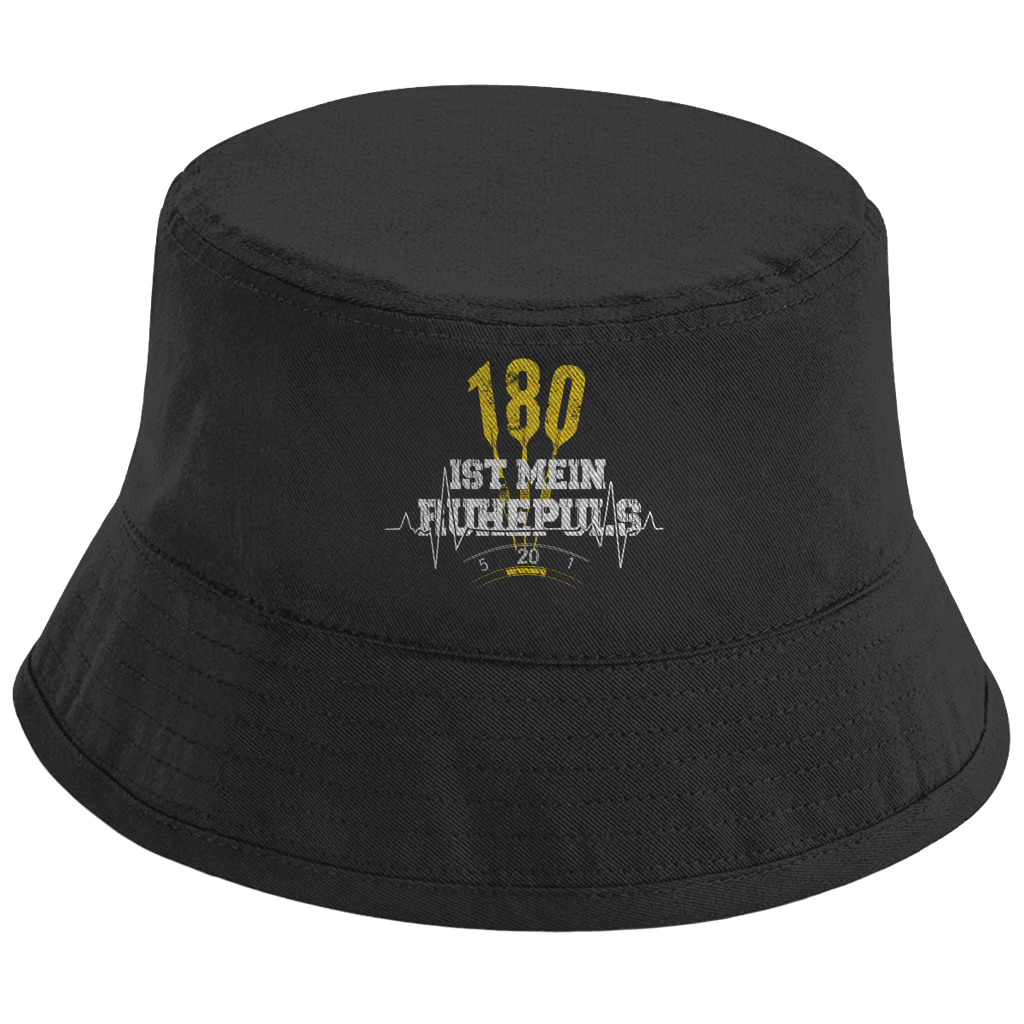 180 ist mein Ruhepuls Bio Bucket Hat mit Dart-Motiv und Herzschlag-Linie auf schwarzem Hintergrund.