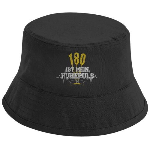 180 ist mein Ruhepuls Bio Bucket Hat mit Dart-Motiv und Herzschlag-Linie auf schwarzem Hintergrund.
