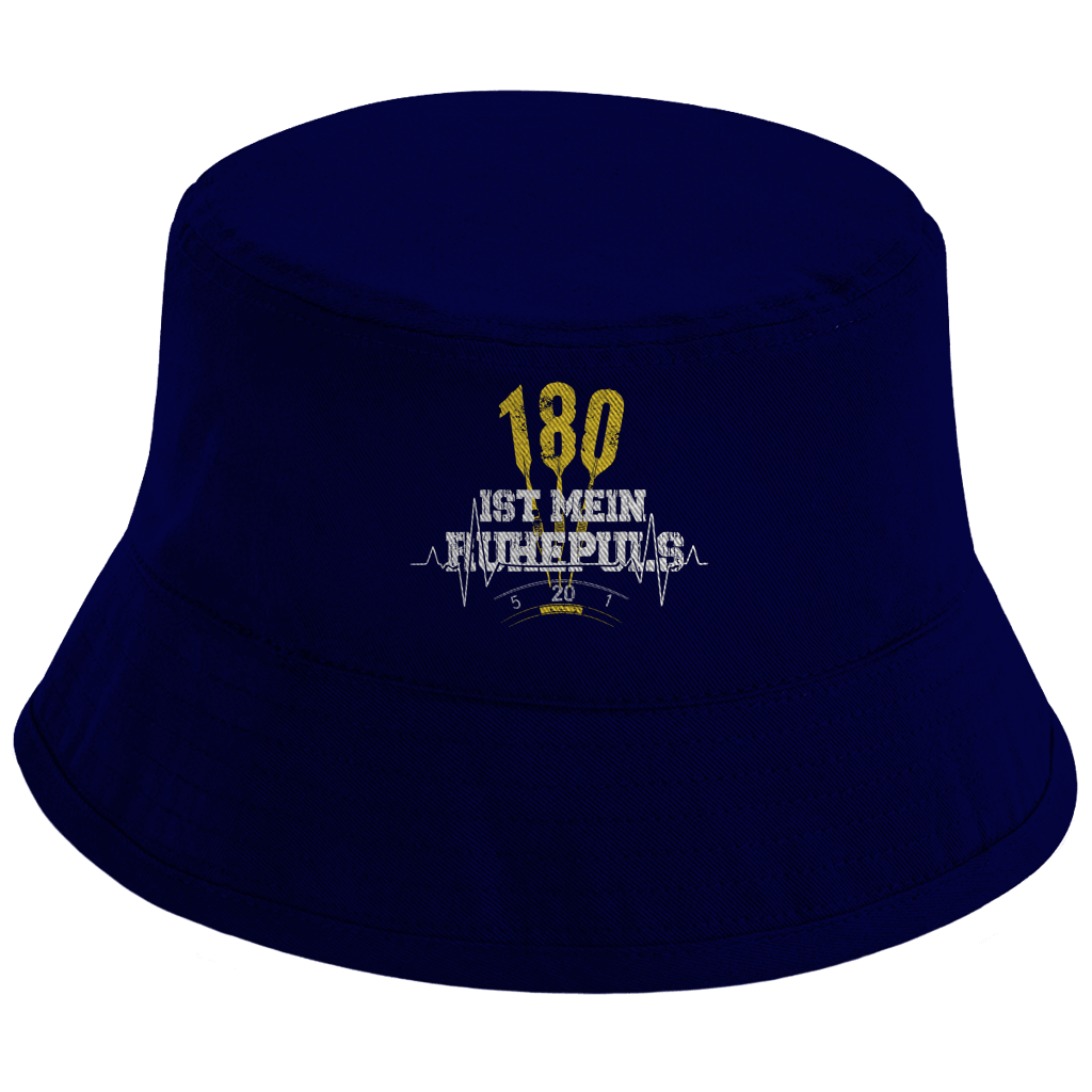 180 ist mein Ruhepuls Bio Bucket Hat in navy blue with dart-themed design and signature text.