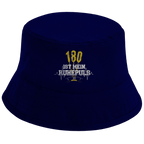 180 ist mein Ruhepuls Bio Bucket Hat in navy blue with dart-themed design and signature text.