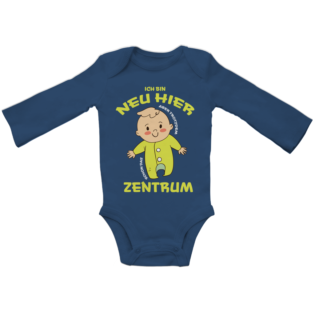Baby Bio Bodysuite Langarm Ich bin neu hier Aber trotzdem schon das Zentrum