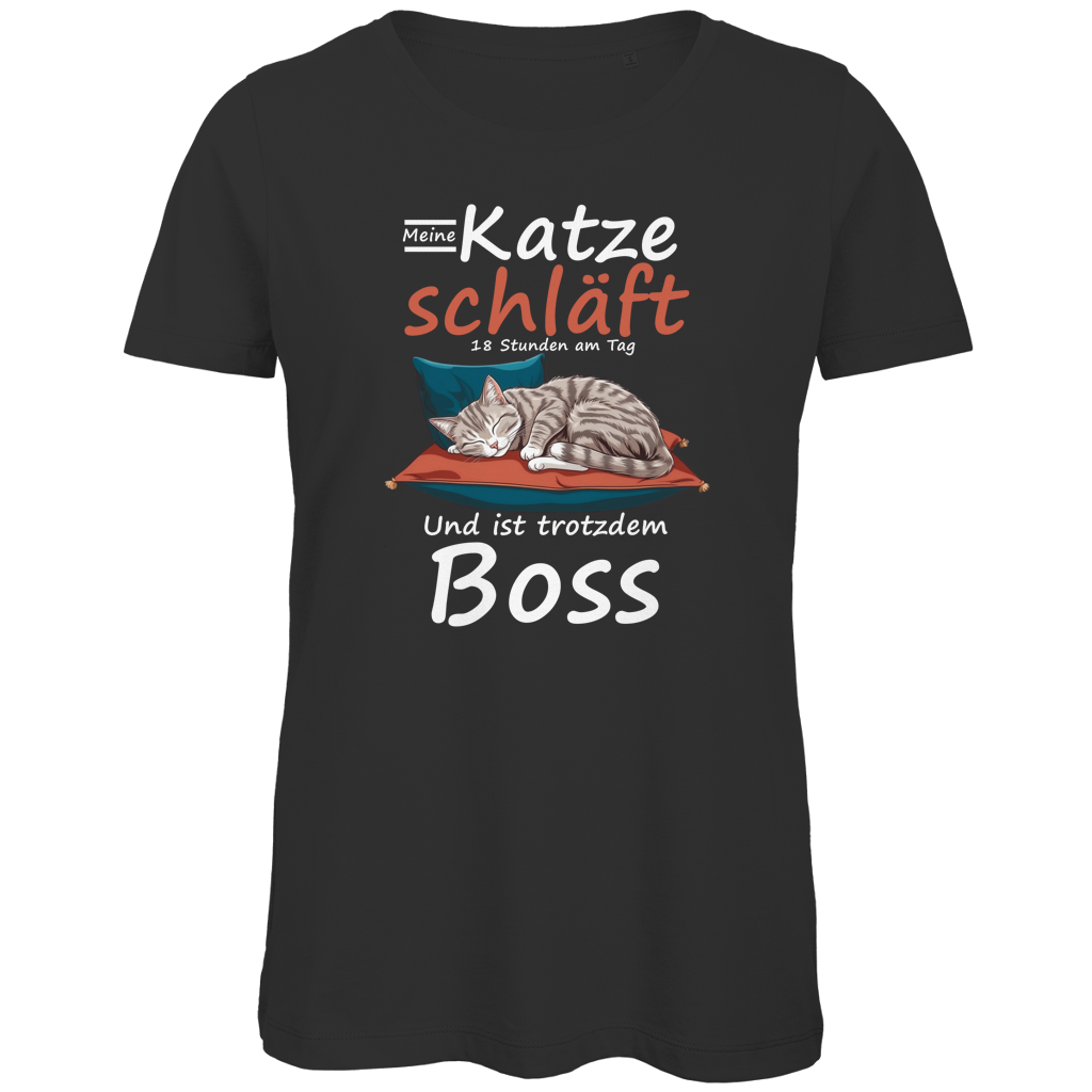 Damen Premium Bio T-Shirt Meine Katze schläft 18 Stunden am Tag. Und ist trotzdem Boss