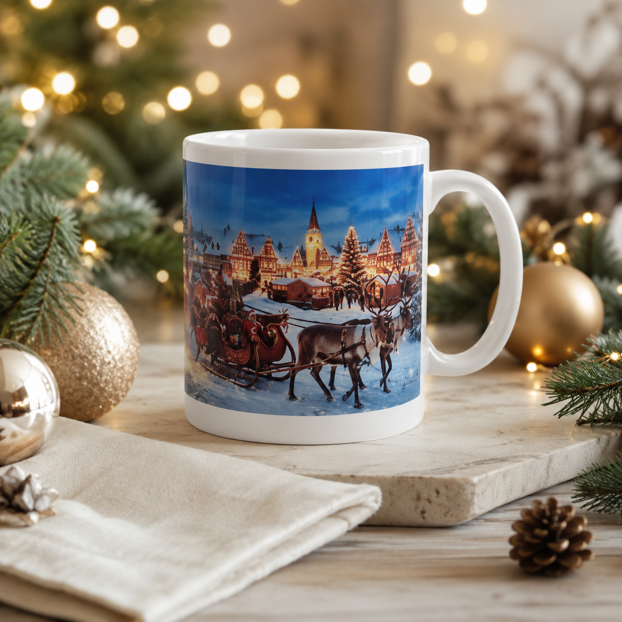 Personalisierte Weihnachtstasse „Winterzauber“ – Weihnachtsdorf mit Rentieren