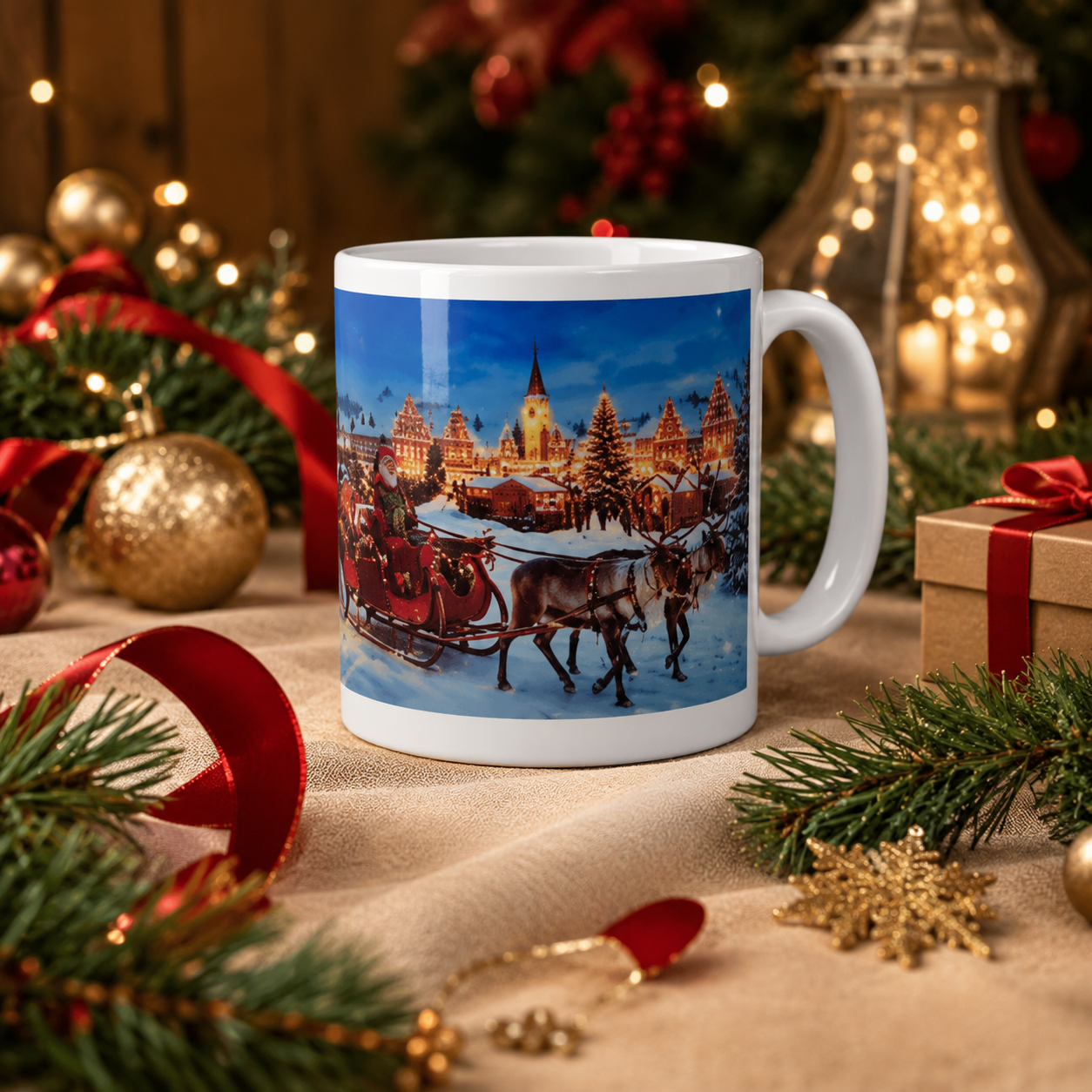Personalisierte Weihnachtstasse „Winterzauber“ – Weihnachtsdorf mit Rentieren