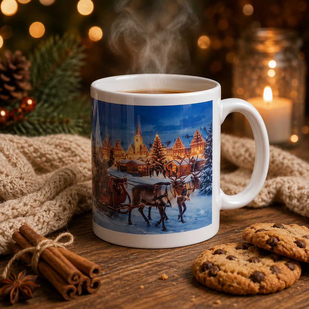 Personalisierte Weihnachtstasse „Winterzauber“ – Weihnachtsdorf mit Rentieren