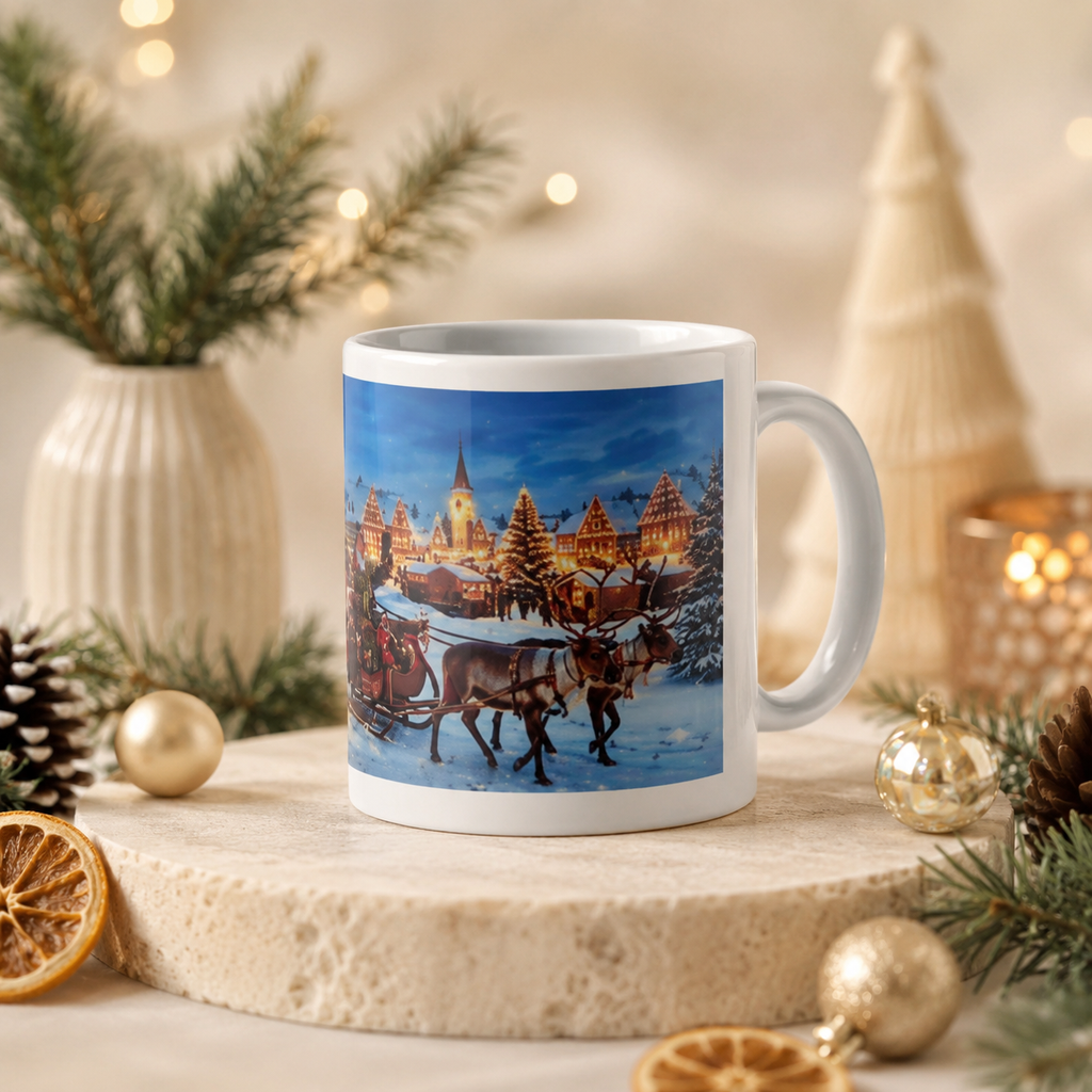 Personalisierte Weihnachtstasse „Winterzauber“ – Weihnachtsdorf mit Rentieren