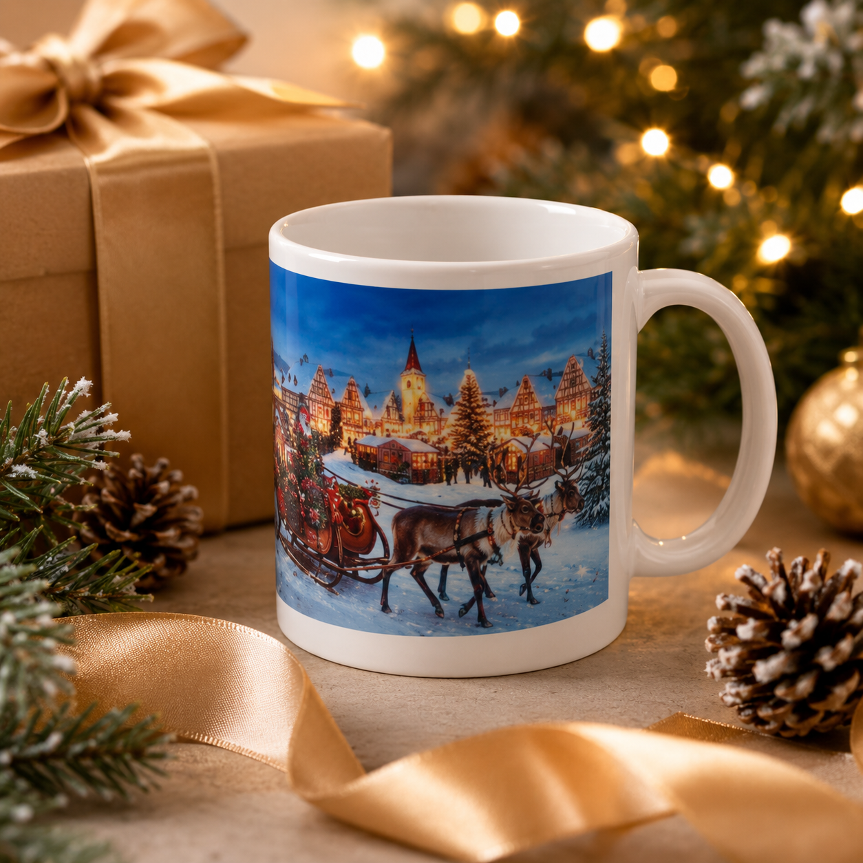 Personalisierte Weihnachtstasse „Winterzauber“ – Weihnachtsdorf mit Rentieren