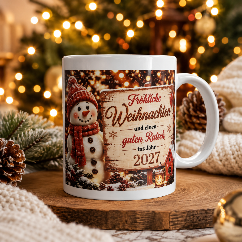 Personalisierte Weihnachtstasse „Frohe Weihnachten 2027“ – Schneemann & Neujahrsgruß