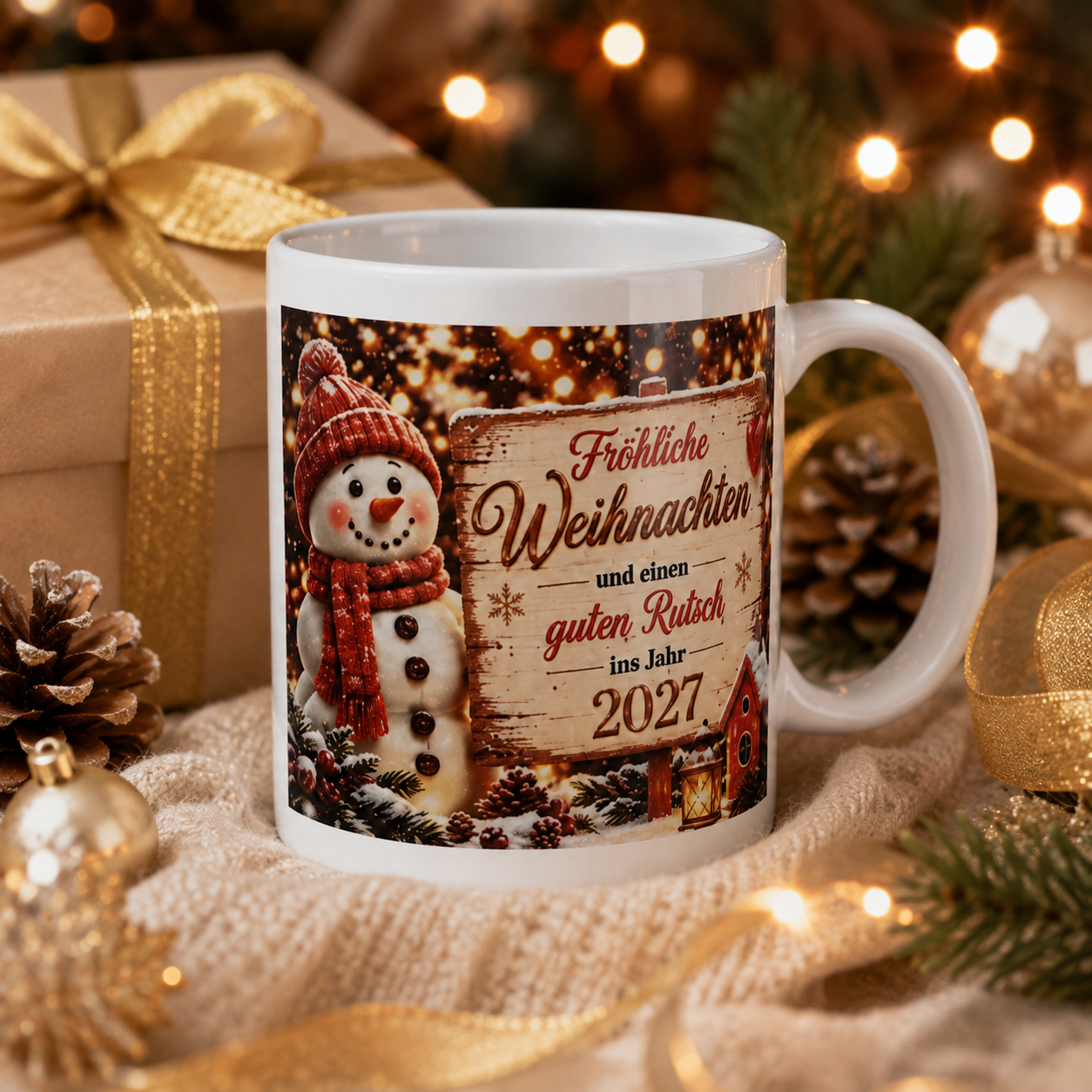 Personalisierte Weihnachtstasse „Frohe Weihnachten 2027“ – Schneemann & Neujahrsgruß
