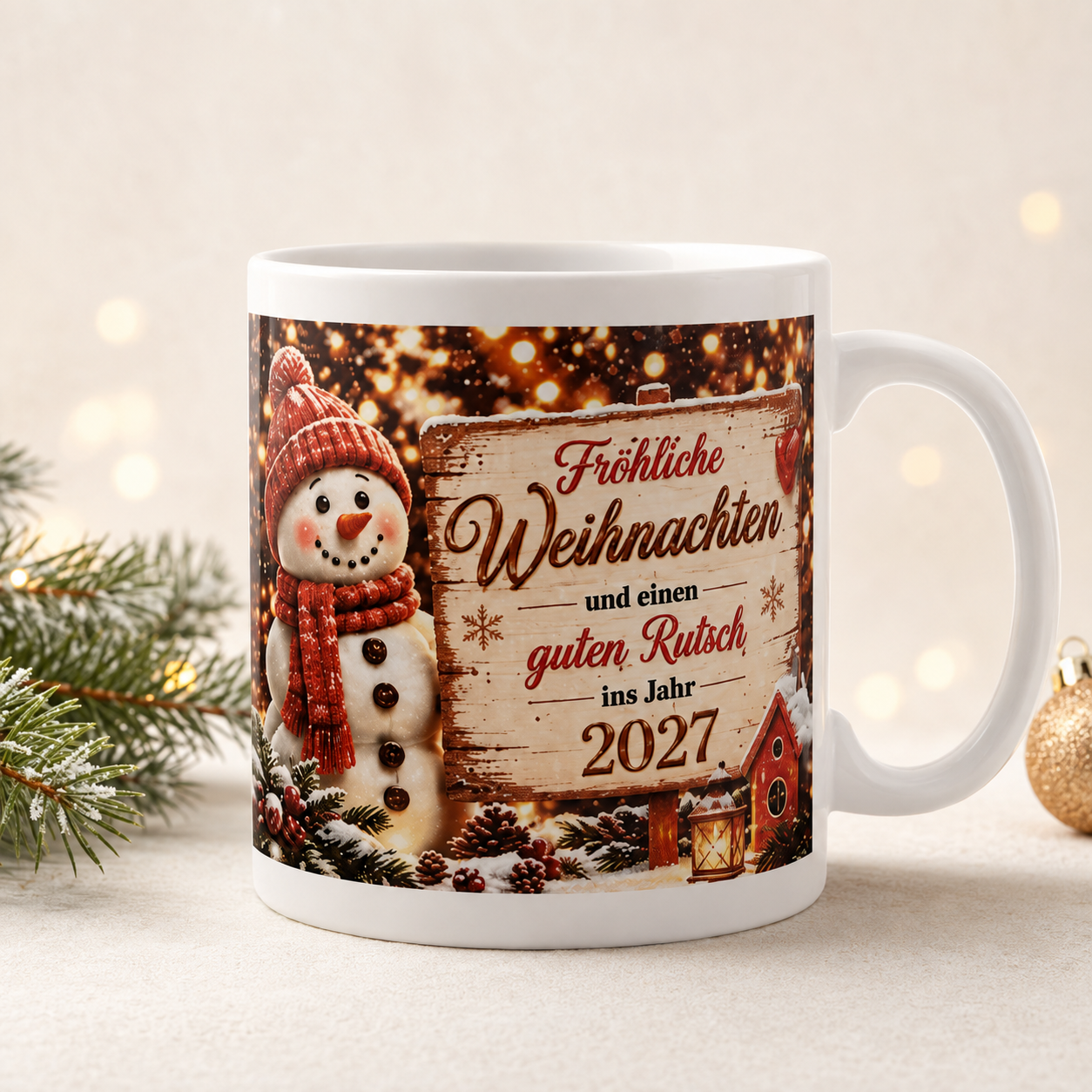Personalisierte Weihnachtstasse „Frohe Weihnachten 2027“ – Schneemann & Neujahrsgruß