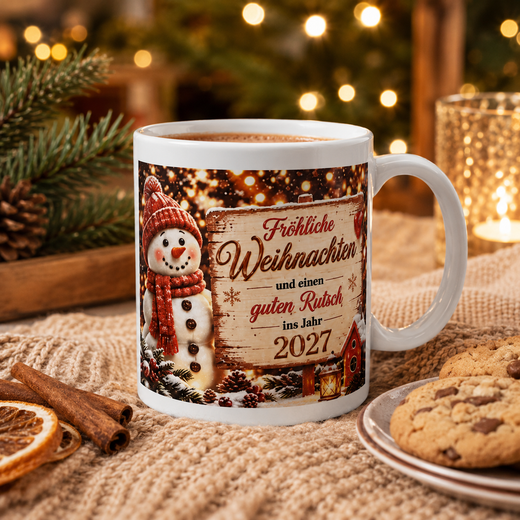Personalisierte Weihnachtstasse „Frohe Weihnachten 2027“ – Schneemann & Neujahrsgruß