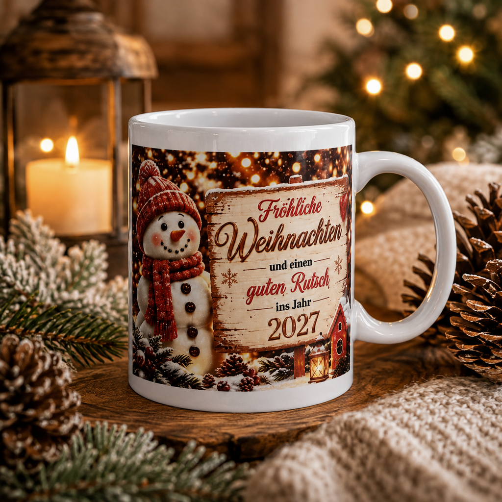Personalisierte Weihnachtstasse „Frohe Weihnachten 2027“ – Schneemann & Neujahrsgruß