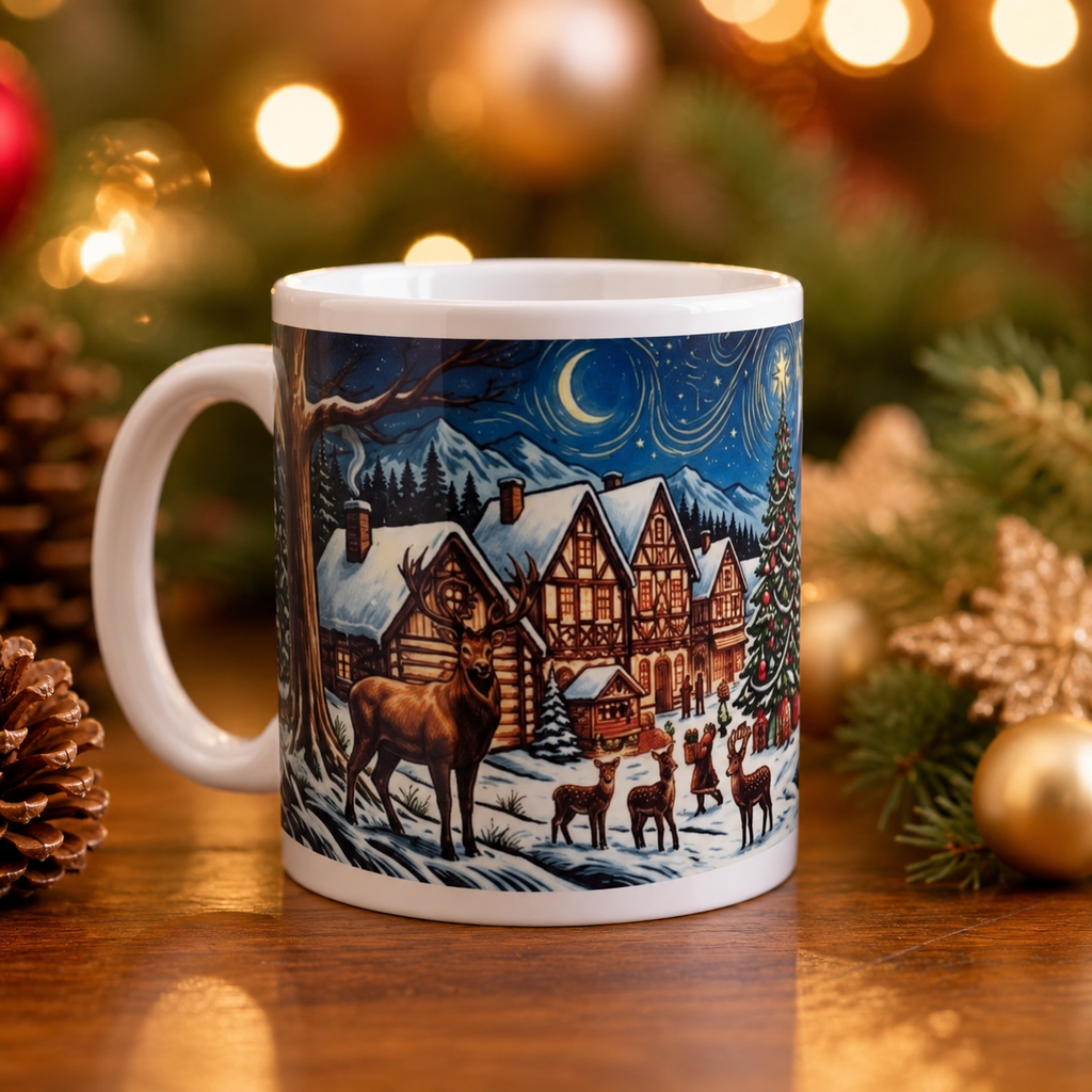 Personalisierte Weihnachtstasse „Winterwald bei Nacht“ – Weihnachtsdorf mit Hirschen