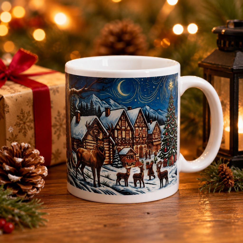 Personalisierte Weihnachtstasse „Winterwald bei Nacht“ – Weihnachtsdorf mit Hirschen