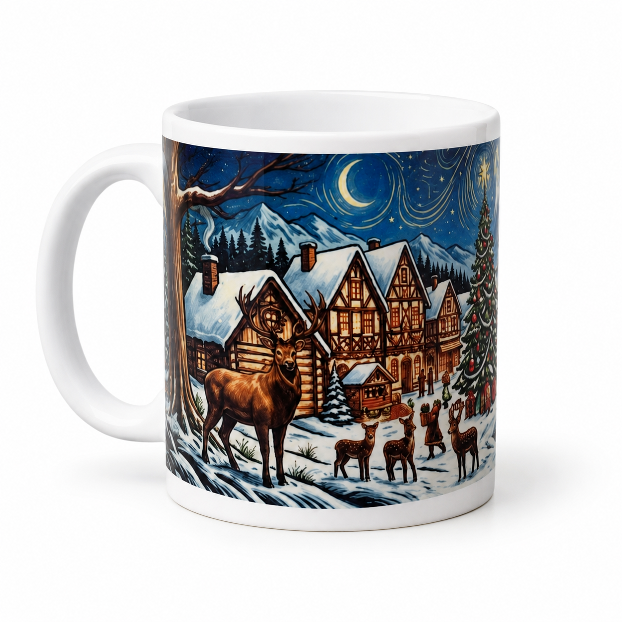 Personalisierte Weihnachtstasse „Winterwald bei Nacht“ – Weihnachtsdorf mit Hirschen