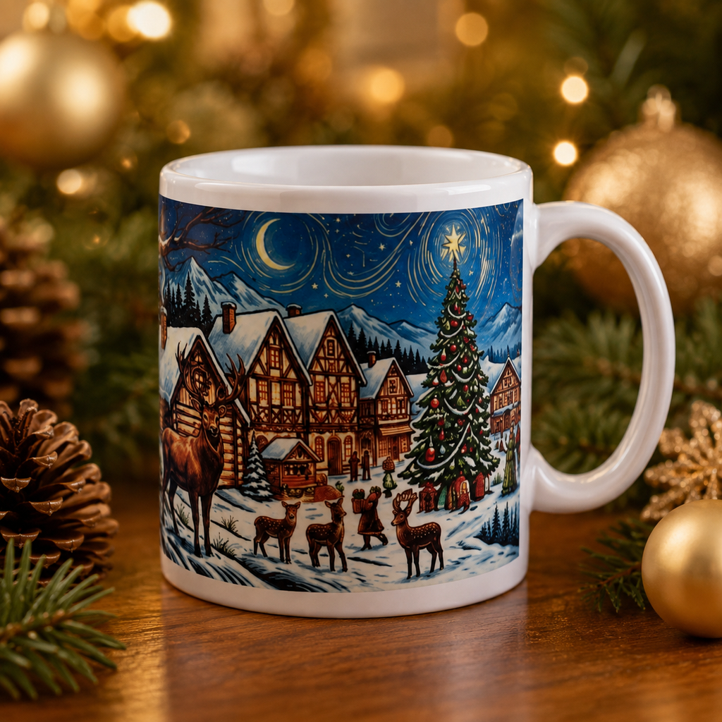 Personalisierte Weihnachtstasse „Winterwald bei Nacht“ – Weihnachtsdorf mit Hirschen