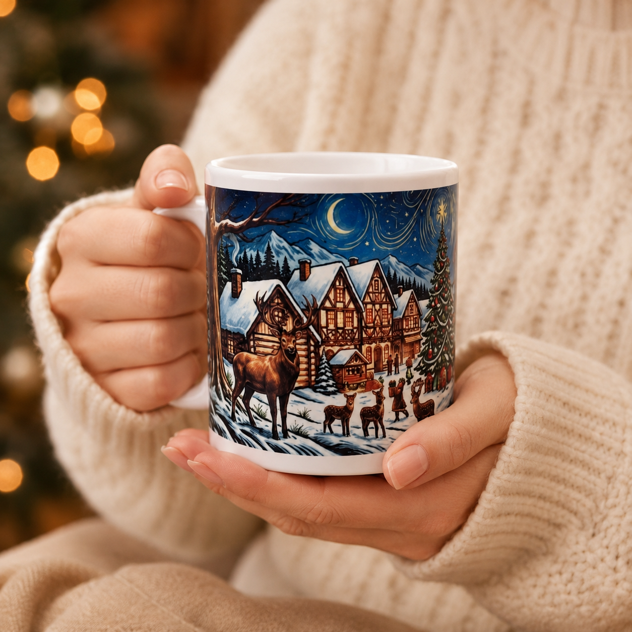 Personalisierte Weihnachtstasse „Winterwald bei Nacht“ – Weihnachtsdorf mit Hirschen