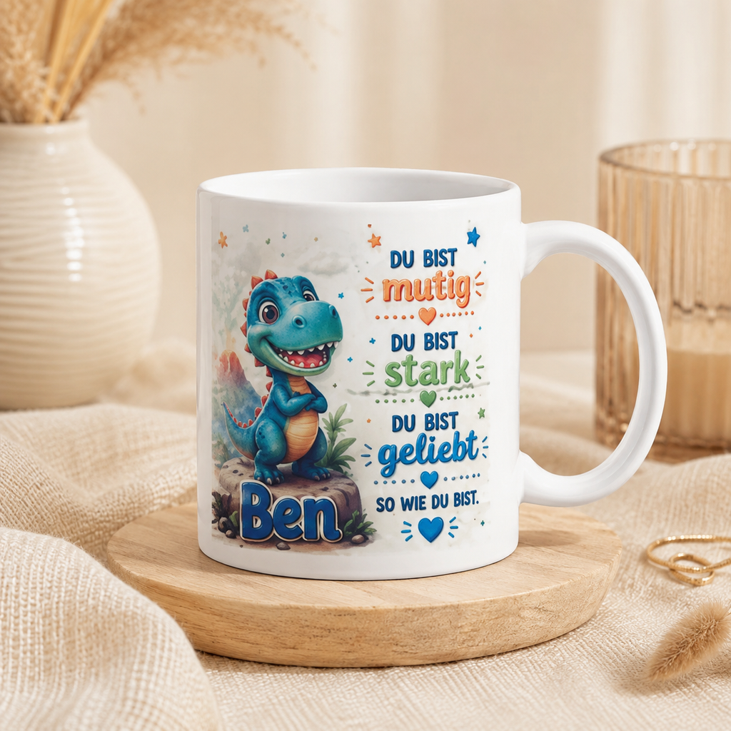 Personalisierte Dino-Tasse „Du bist mutig“ – Mutmacher-Tasse für Kinder