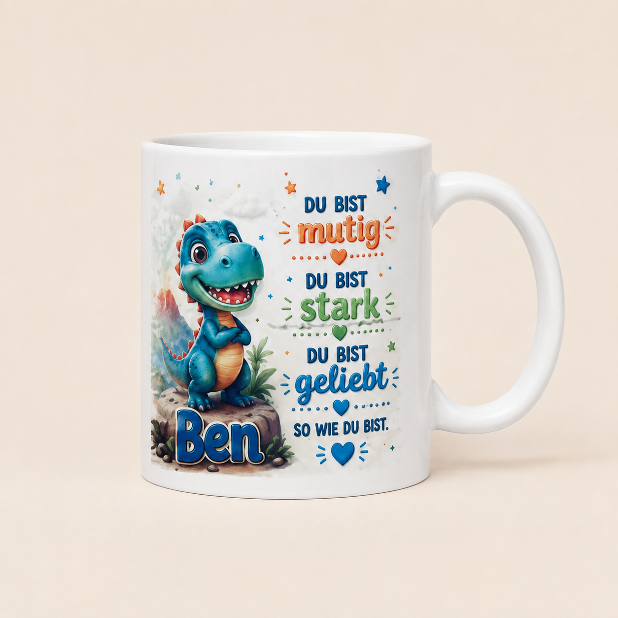 Personalisierte Dino-Tasse „Du bist mutig“ – Mutmacher-Tasse für Kinder