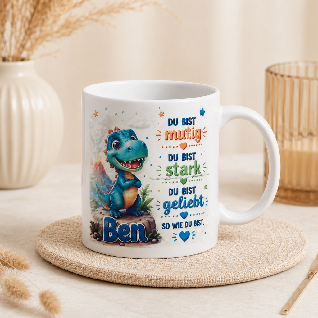 Personalisierte Dino-Tasse „Du bist mutig“ – Mutmacher-Tasse für Kinder