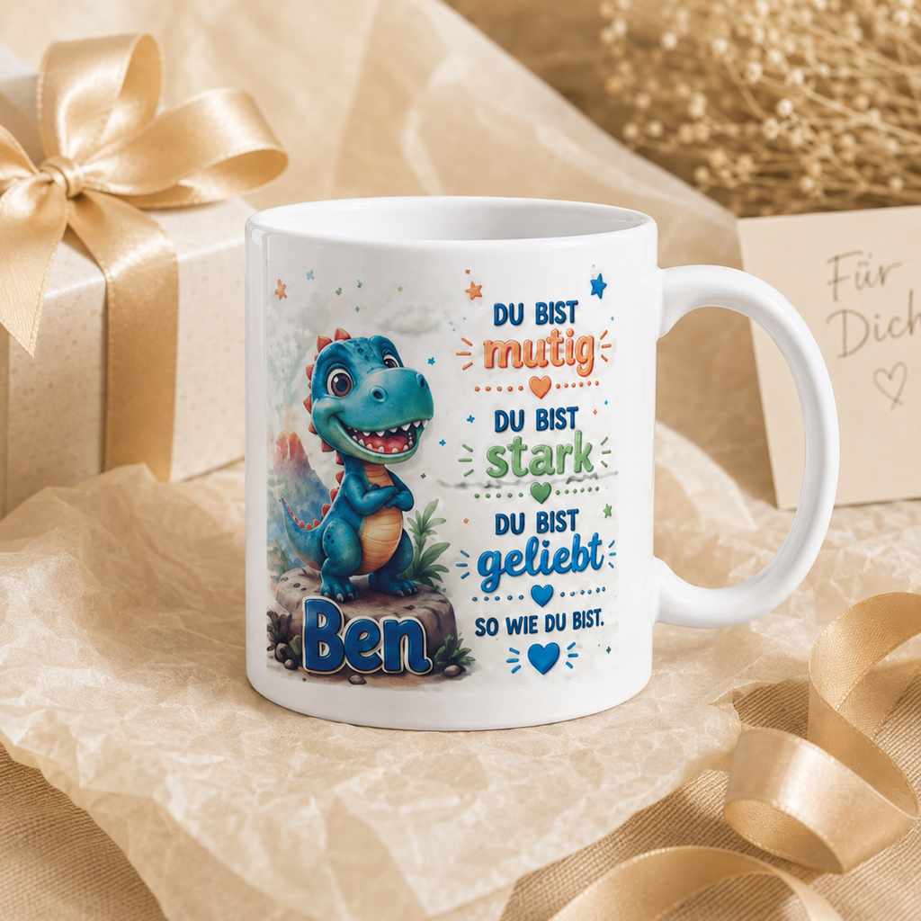 Personalisierte Dino-Tasse „Du bist mutig“ – Mutmacher-Tasse für Kinder