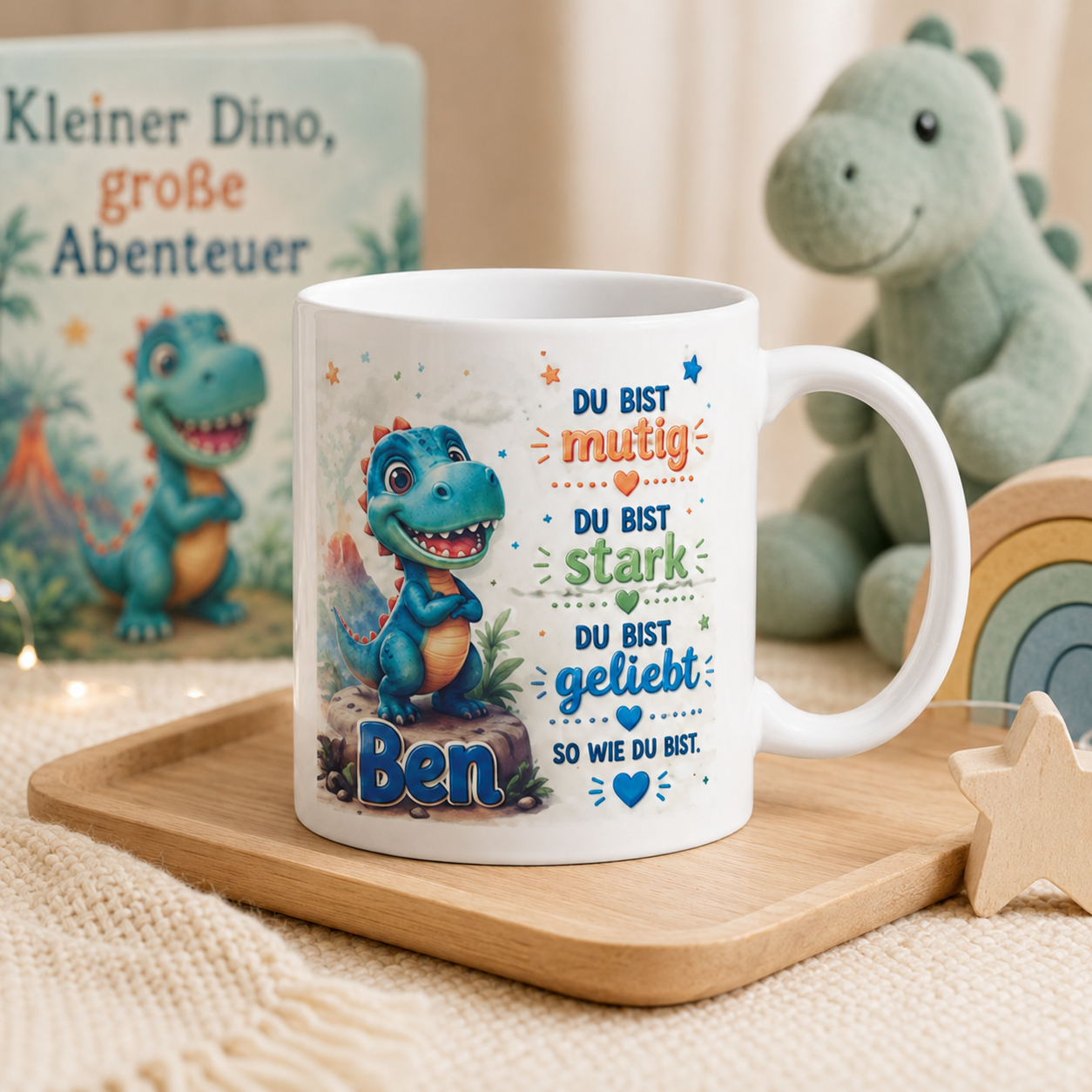 Personalisierte Dino-Tasse „Du bist mutig“ – Mutmacher-Tasse für Kinder
