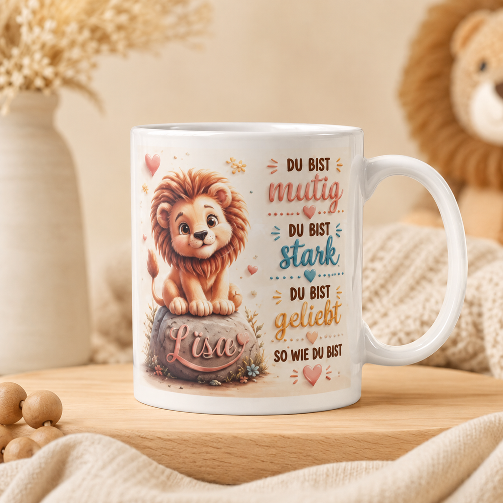 Personalisierte Löwen-Tasse „Du bist mutig“ – Mutmacher-Tasse für Kinder