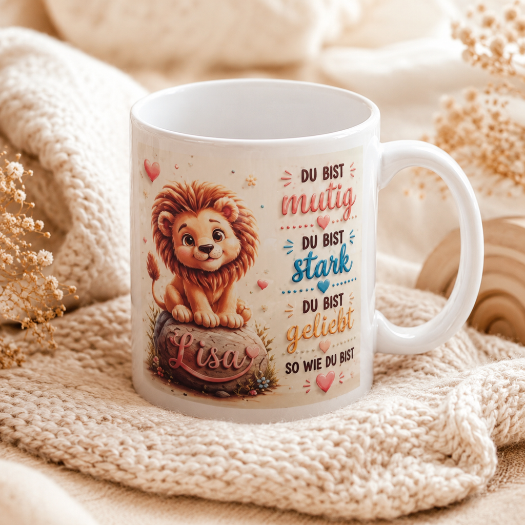 Personalisierte Löwen-Tasse „Du bist mutig“ – Mutmacher-Tasse für Kinder