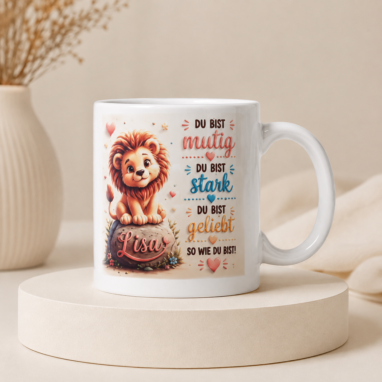 Personalisierte Löwen-Tasse „Du bist mutig“ – Mutmacher-Tasse für Kinder