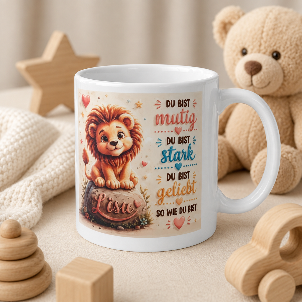 Personalisierte Löwen-Tasse „Du bist mutig“ – Mutmacher-Tasse für Kinder
