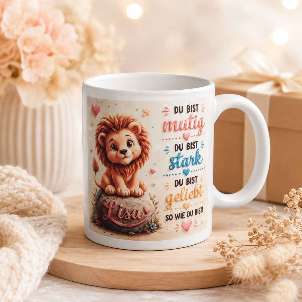 Personalisierte Löwen-Tasse „Du bist mutig“ – Mutmacher-Tasse für Kinder