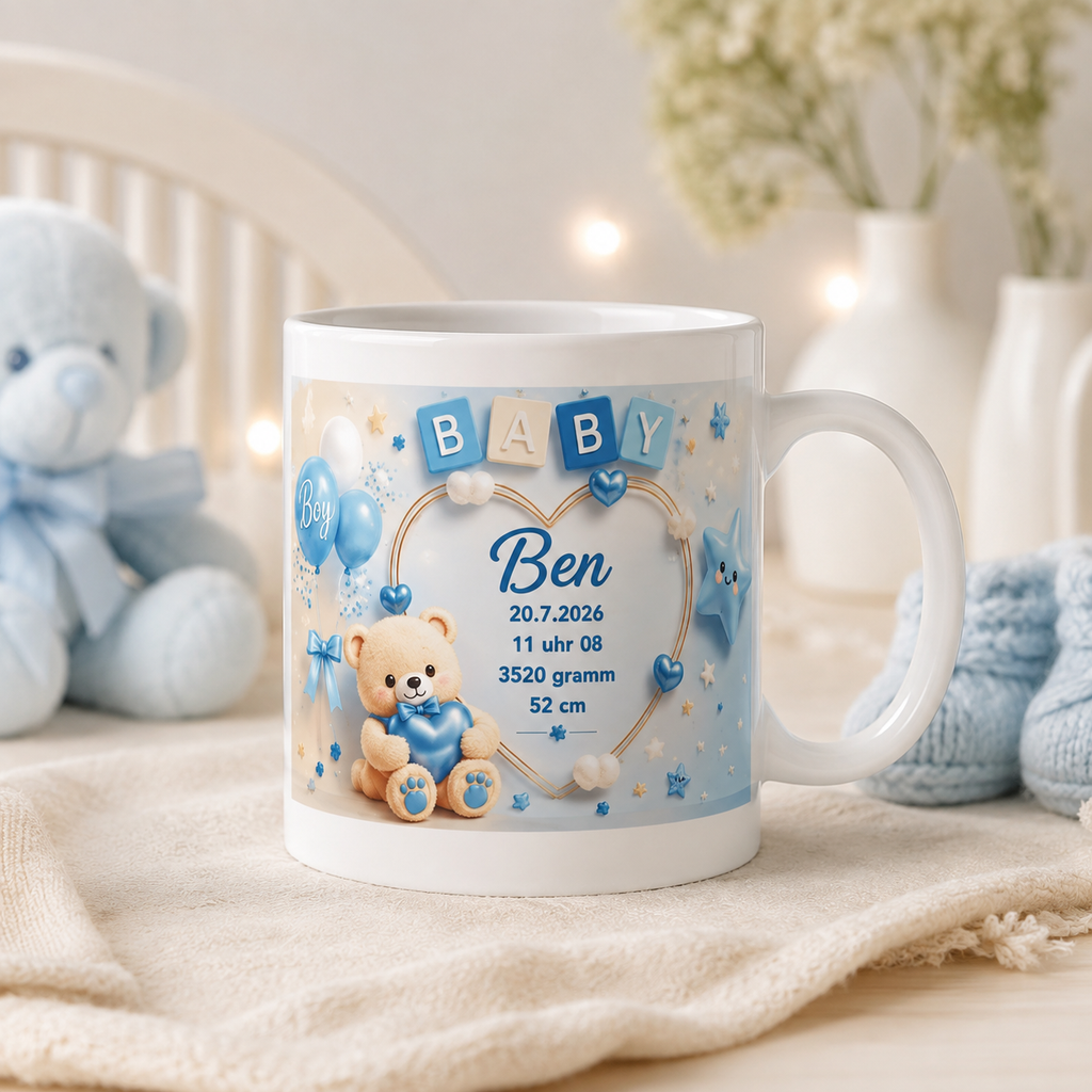 Personalisierte Baby-Tasse „Baby Boy“ – Geburtstasse mit Name & Geburtsdaten