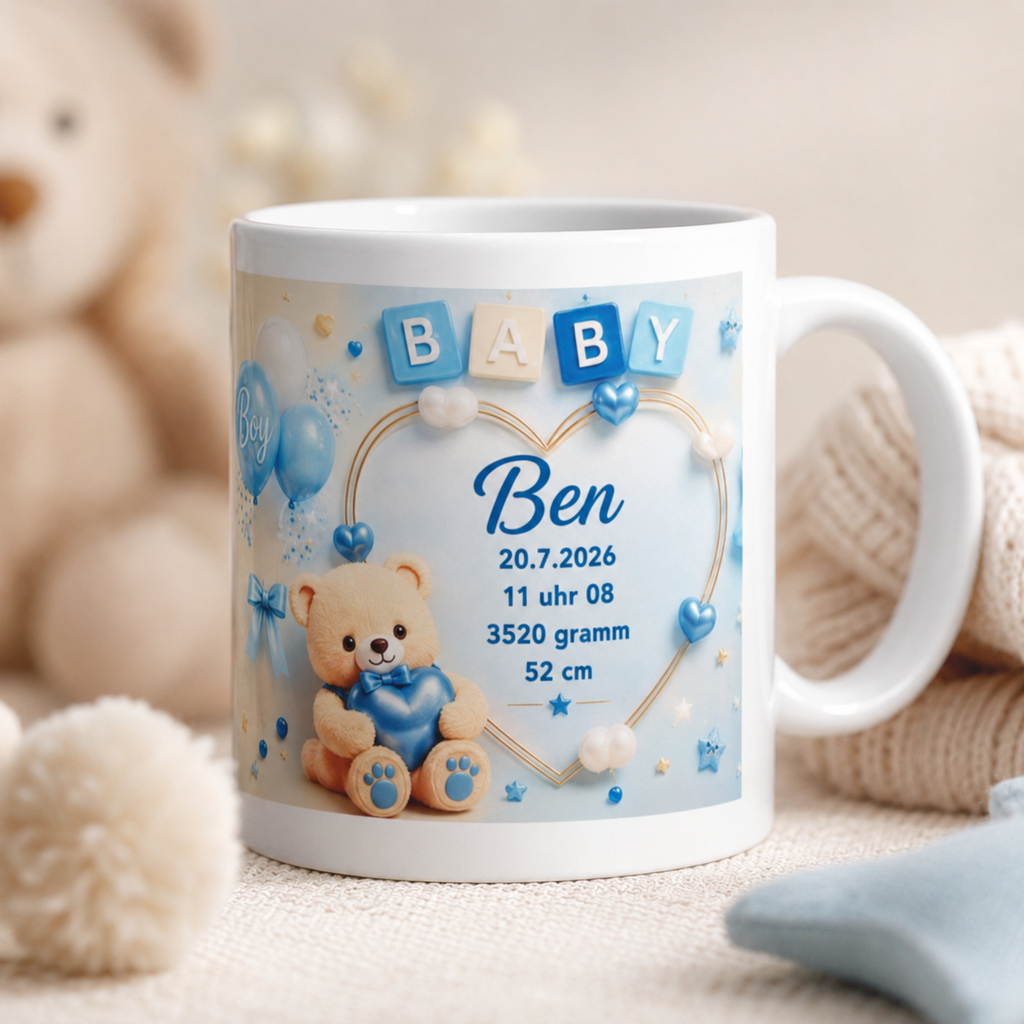 Personalisierte Baby-Tasse „Baby Boy“ – Geburtstasse mit Name & Geburtsdaten