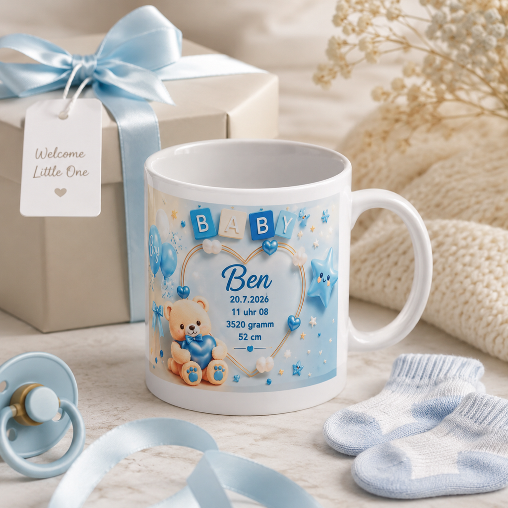 Personalisierte Baby-Tasse „Baby Boy“ – Geburtstasse mit Name & Geburtsdaten