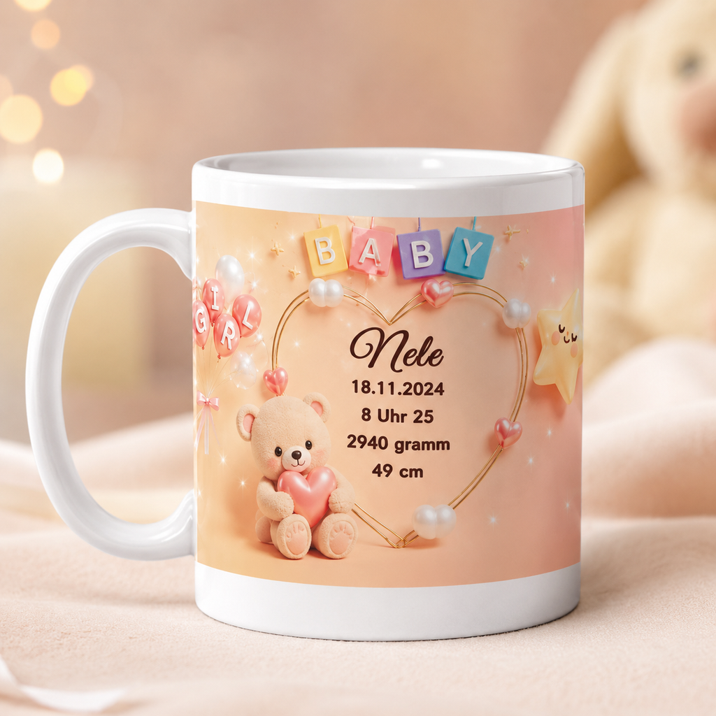 Personalisierte Baby-Tasse „Baby Girl“ – Geburtstasse mit Name & Geburtsdaten
