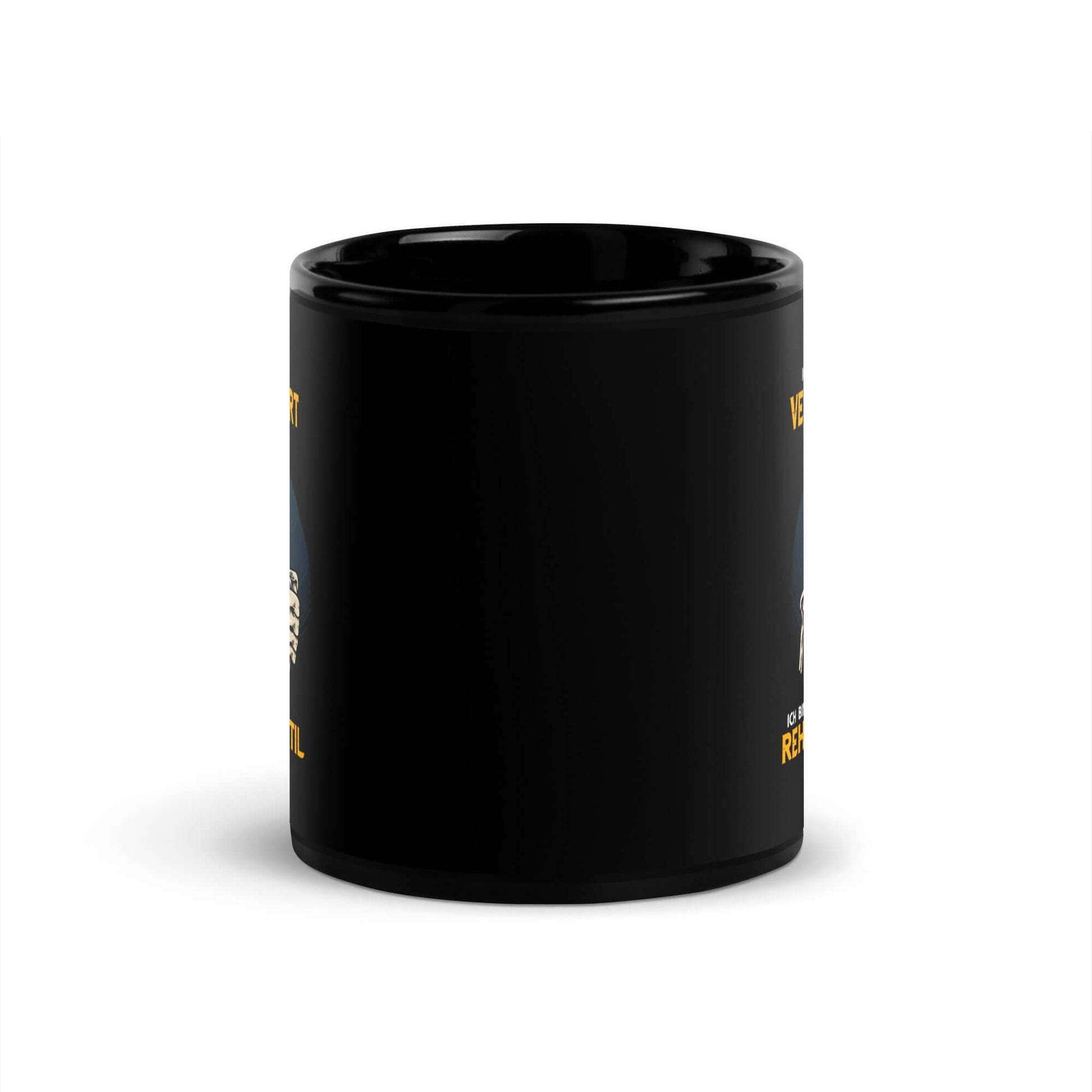 Ich bin nicht verkatert. Ich bin in Reha mit Stil – Black Glossy Mug showcasing a humorous design.