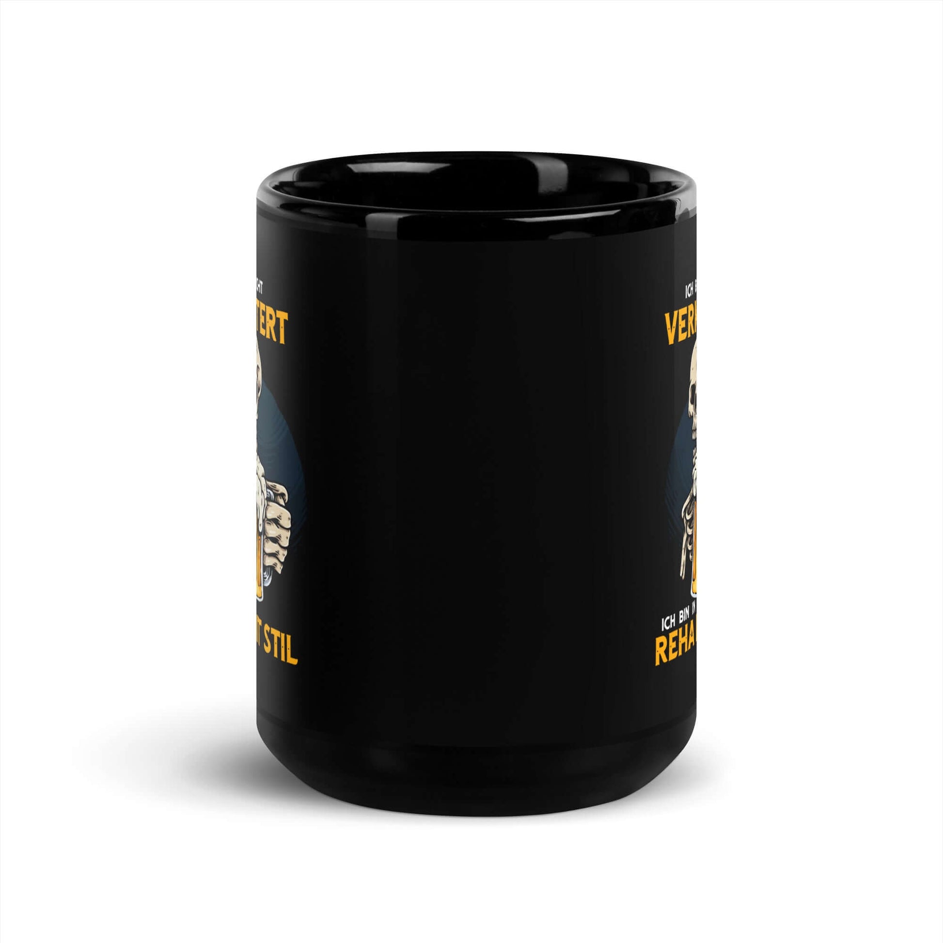 Ich bin nicht verkatert. Ich bin in Reha mit Stil – Black Glossy Mug with humorous design