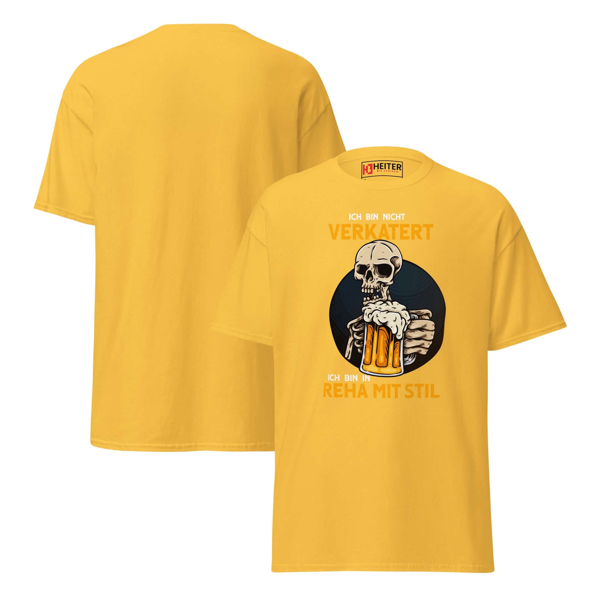 Ich bin nicht verkatert. Ich bin in Reha mit Stil – Unisex Classic Tee in gelb mit witzigem Totenkopf-Motiv.